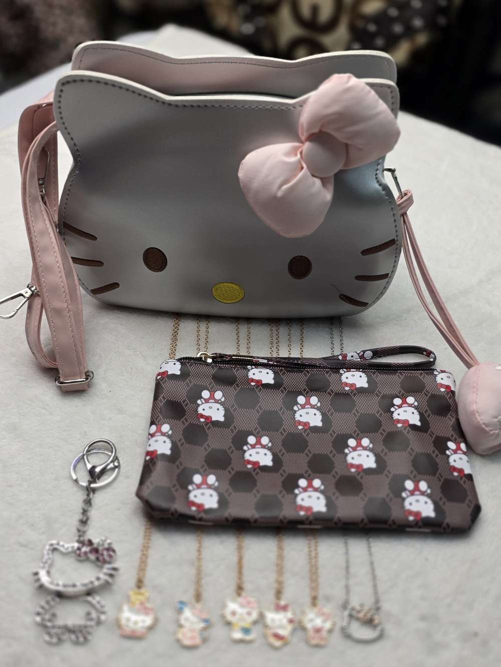 Hello Kitty Pink & Silver Crossbody Bag Bundle Necklaces Charm Keychain